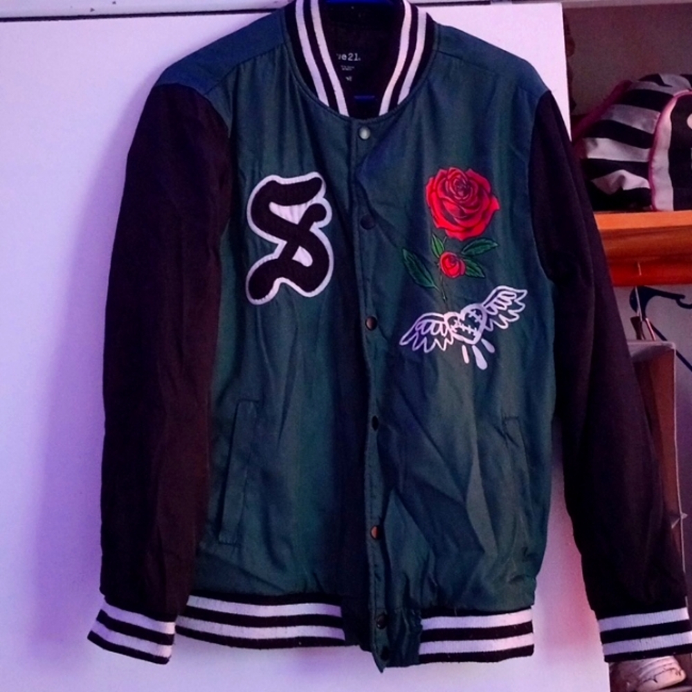 Rue21 varsity jacket. Black and green with red 🌹. It's a small